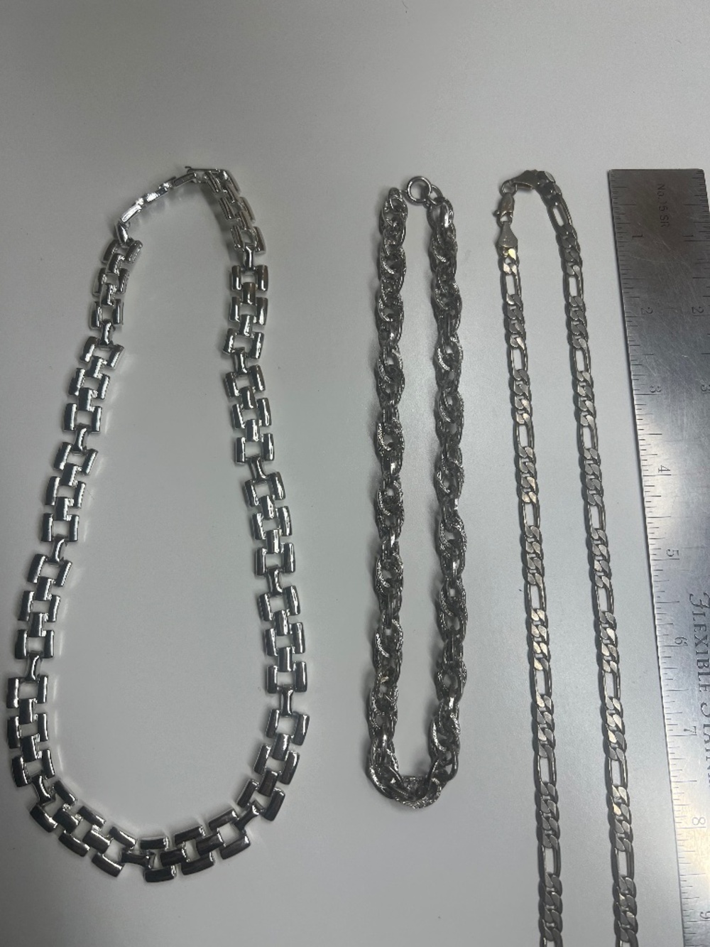Set of 3 Silver-Tone Unisex Chain Necklaces Figaro, Rope & Geometric